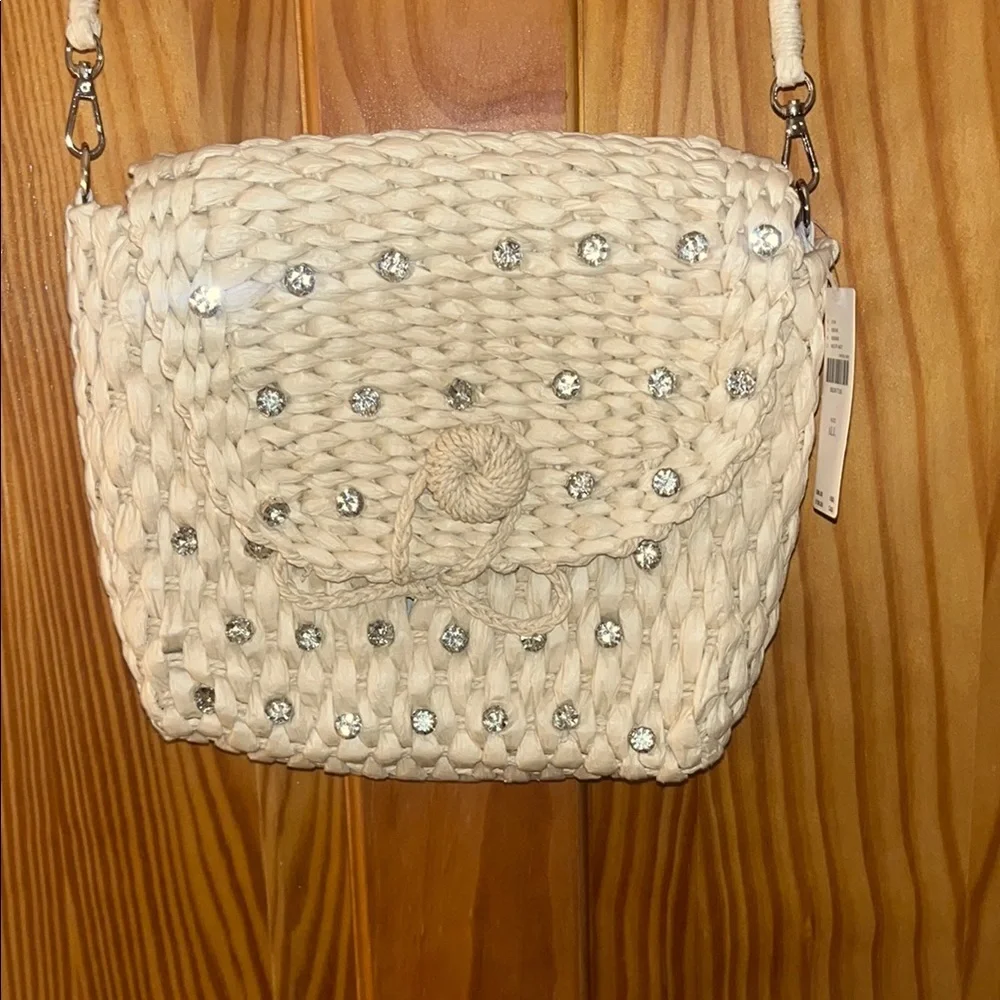 Anthropologie Cream Woven Crossbody Bag Rhinestones Unique Year Round Bag - Picture 2 of 4